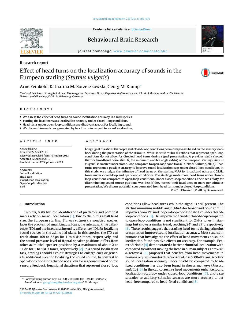 Research reportEffect of head turns on the localization accuracy of sounds in the European starling (Sturnus vulgaris)