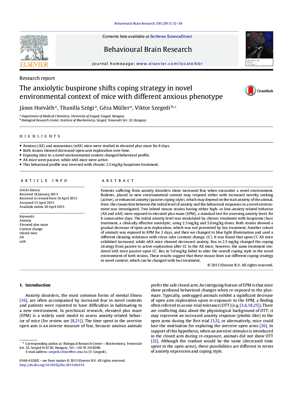 Research reportThe anxiolytic buspirone shifts coping strategy in novel environmental context of mice with different anxious phenotype