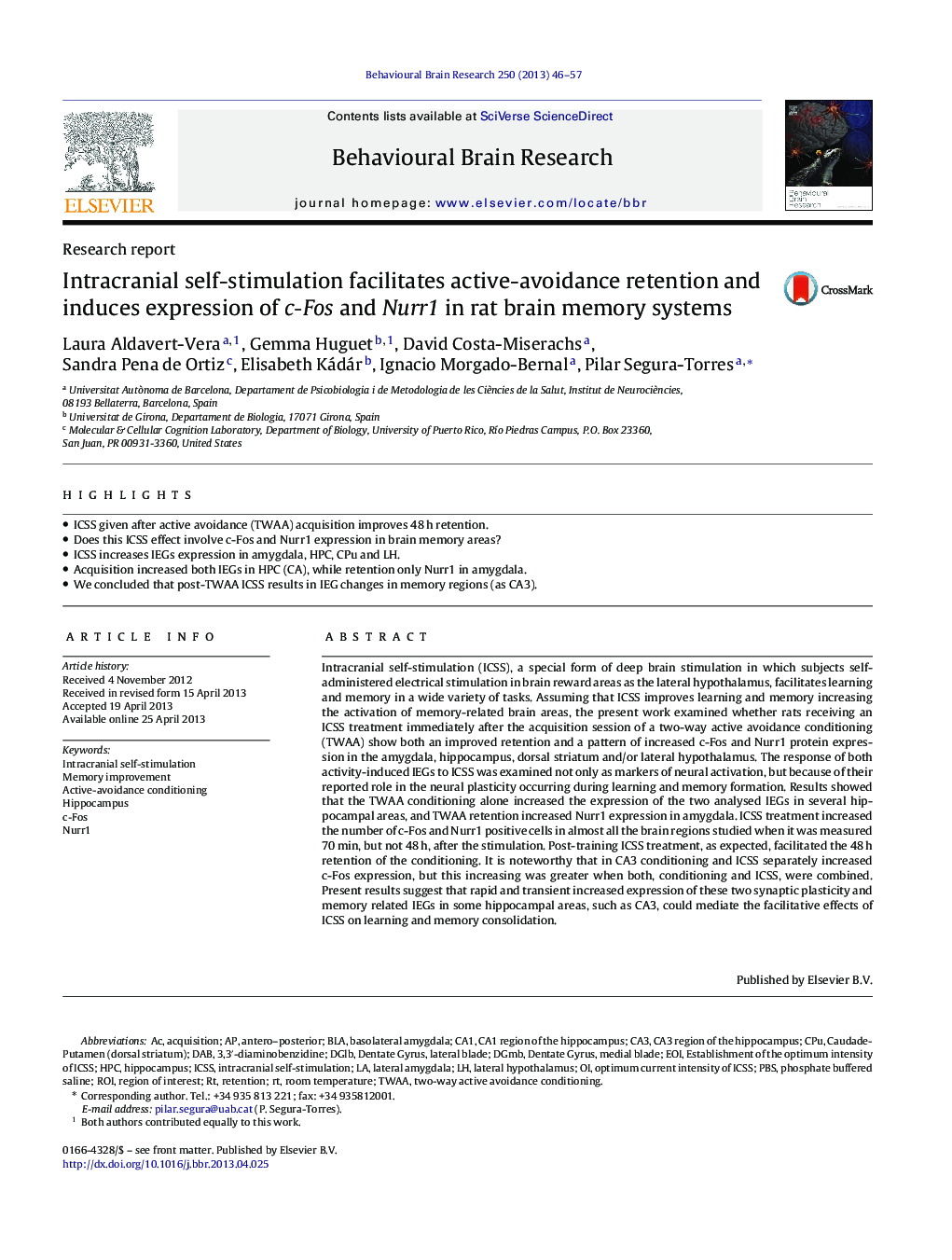 Research reportIntracranial self-stimulation facilitates active-avoidance retention and induces expression of c-Fos and Nurr1 in rat brain memory systems