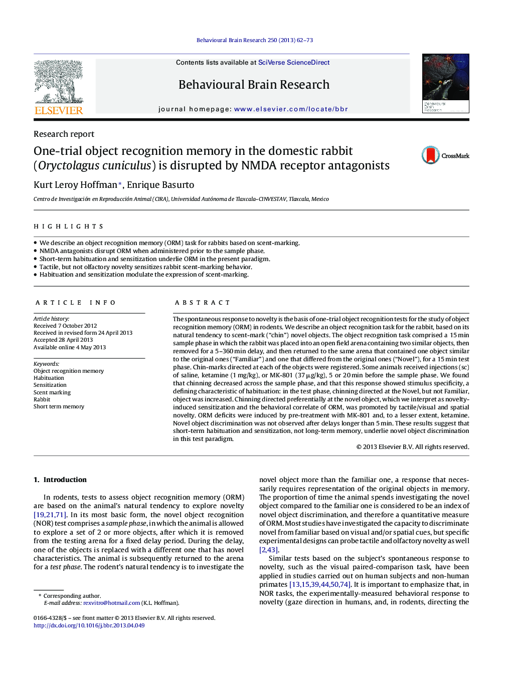 Research reportOne-trial object recognition memory in the domestic rabbit (Oryctolagus cuniculus) is disrupted by NMDA receptor antagonists