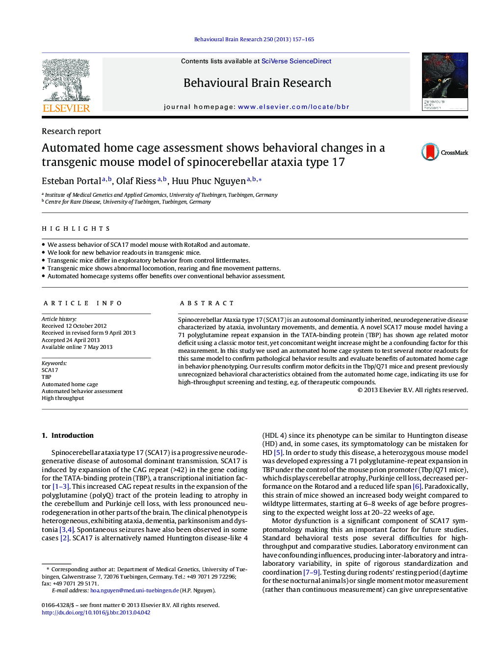 Automated home cage assessment shows behavioral changes in a transgenic mouse model of spinocerebellar ataxia type 17