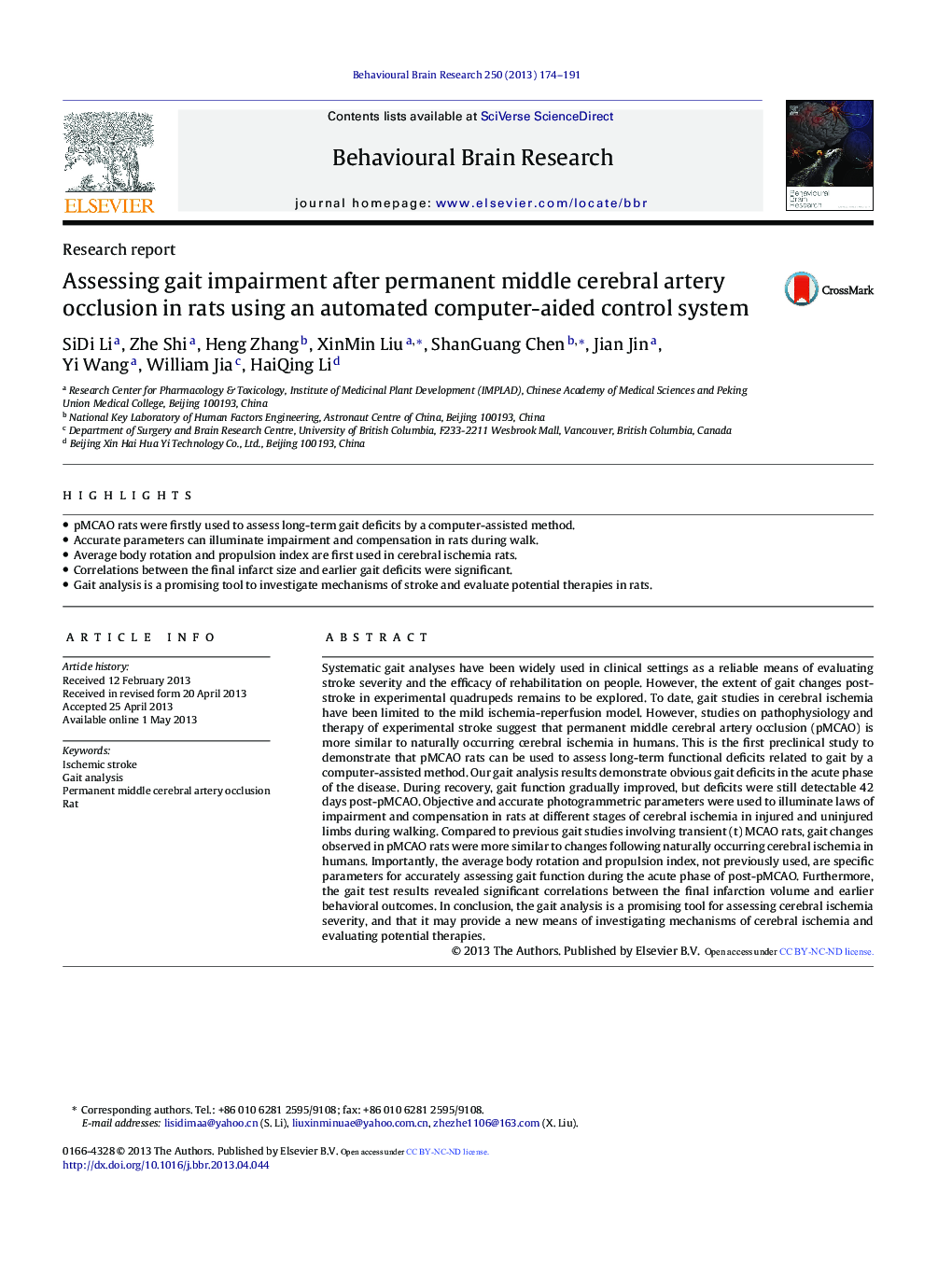 Research reportAssessing gait impairment after permanent middle cerebral artery occlusion in rats using an automated computer-aided control system