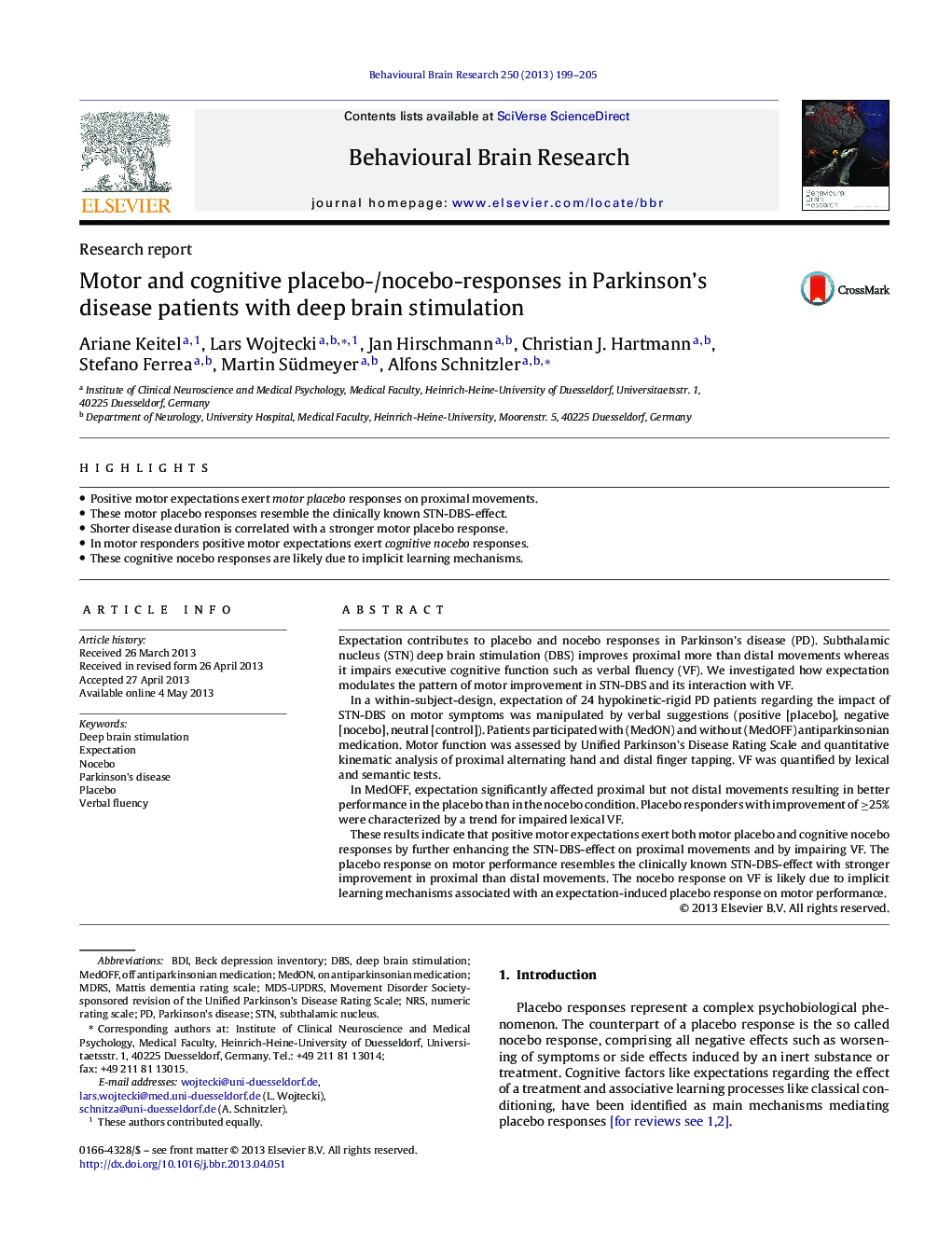 Research reportMotor and cognitive placebo-/nocebo-responses in Parkinson's disease patients with deep brain stimulation