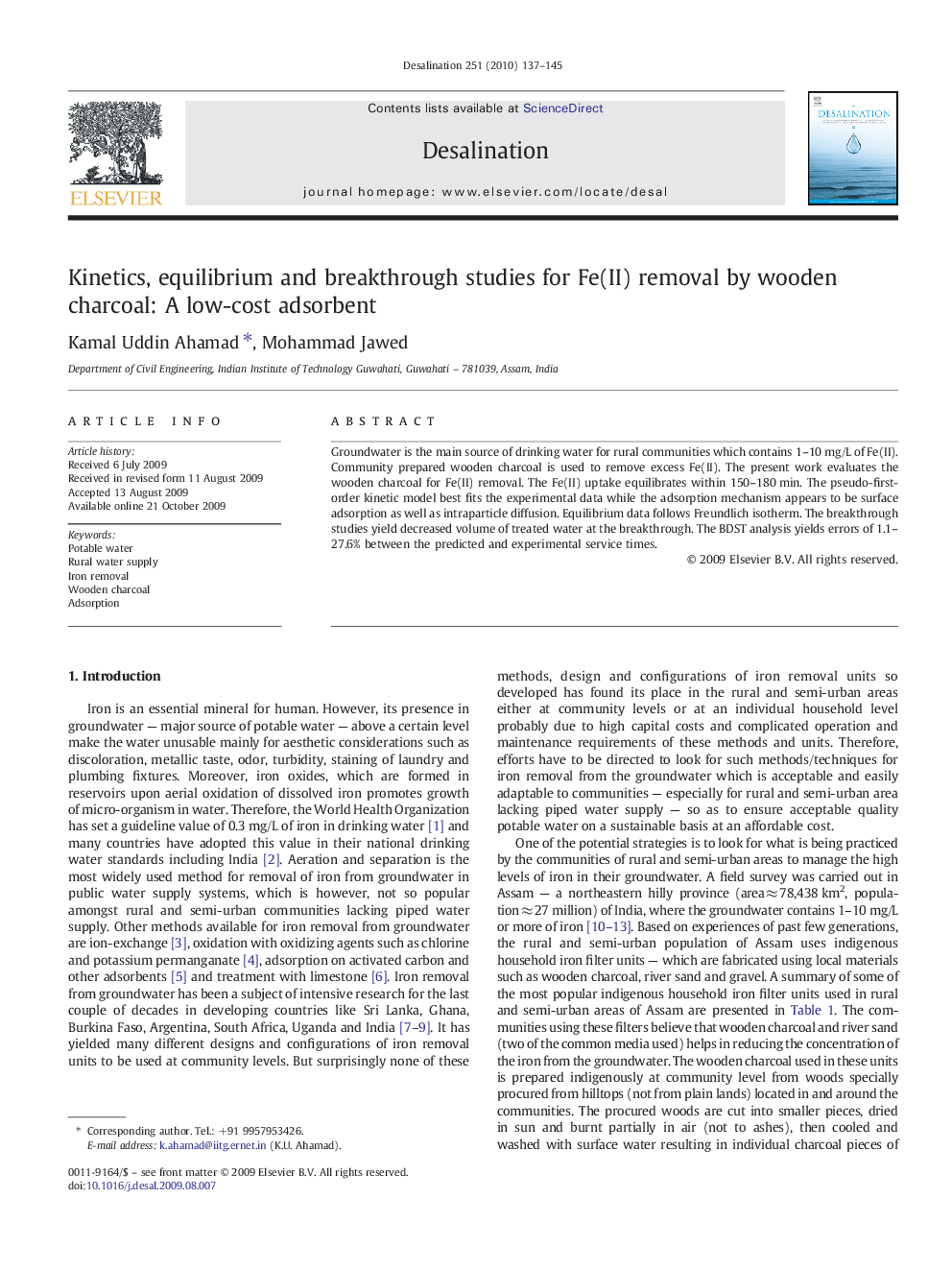 Kinetics, equilibrium and breakthrough studies for Fe(II) removal by wooden charcoal: A low-cost adsorbent