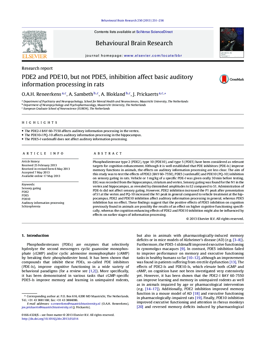 Research reportPDE2 and PDE10, but not PDE5, inhibition affect basic auditory information processing in rats