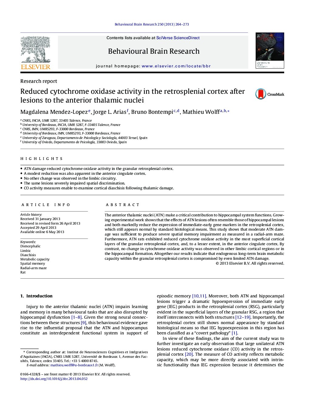 Research reportReduced cytochrome oxidase activity in the retrosplenial cortex after lesions to the anterior thalamic nuclei