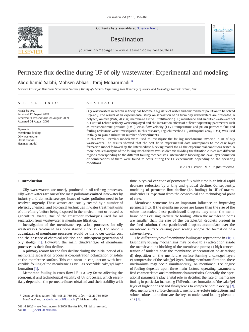 Permeate flux decline during UF of oily wastewater: Experimental and modeling