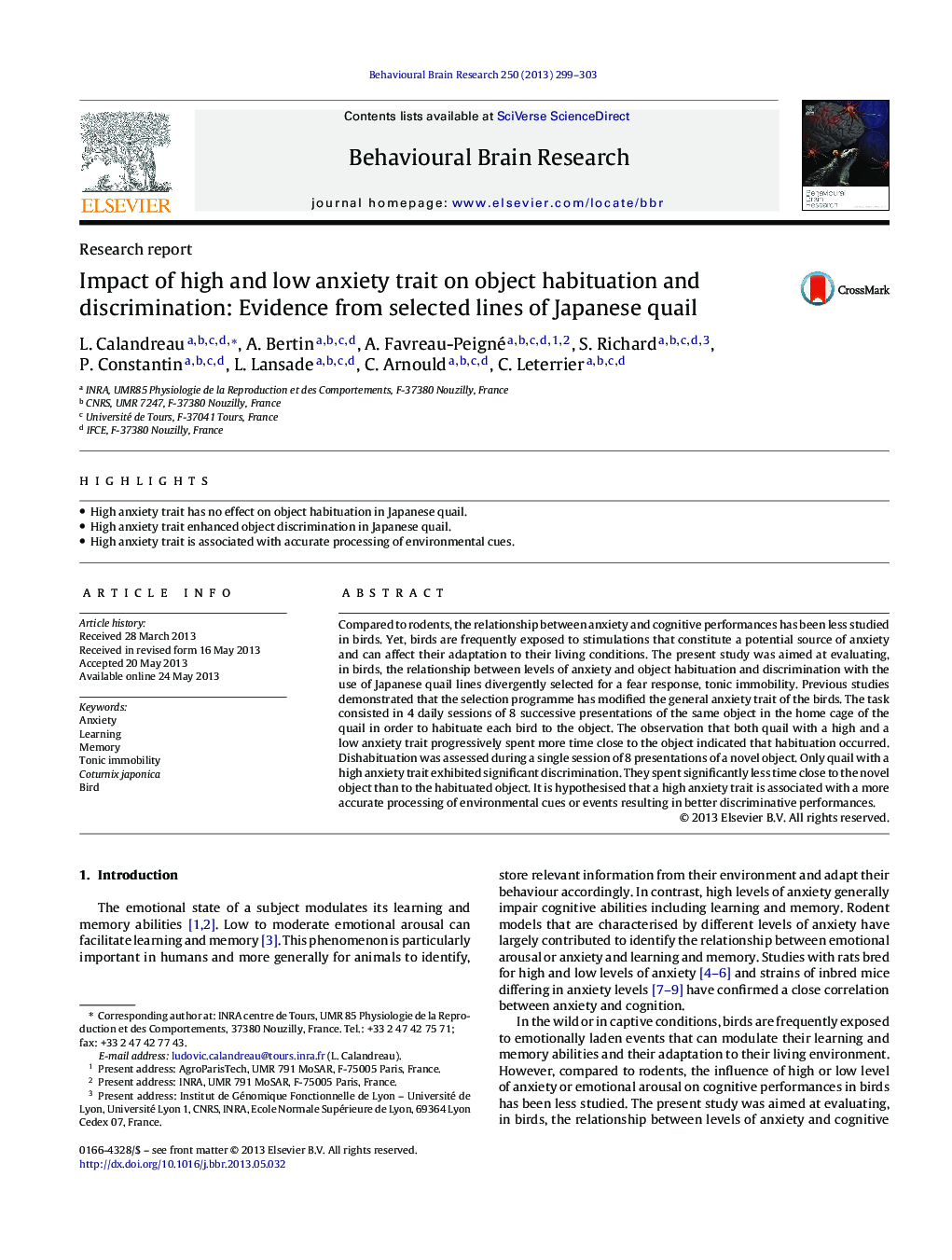 Research reportImpact of high and low anxiety trait on object habituation and discrimination: Evidence from selected lines of Japanese quail