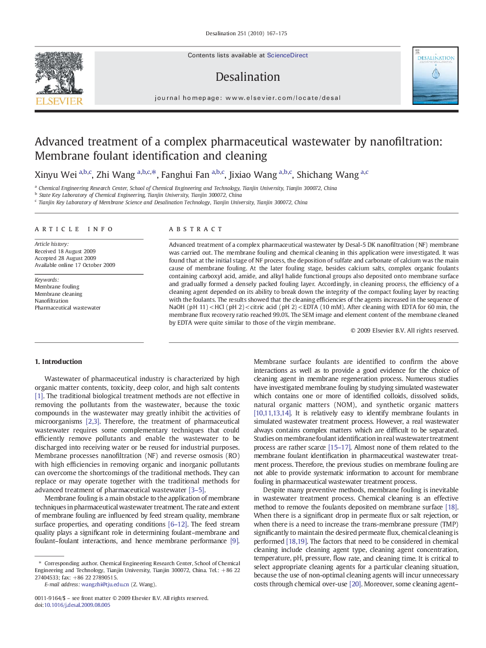 عکس صفحه اول مقاله: Advanced treatment of a complex pharmaceutical wastewater by nanofiltration: Membrane foulant identification and cleaning Advanced treatment of a complex pharmaceutical wastewater by nanofiltration: Membrane foulant identification and cleaning