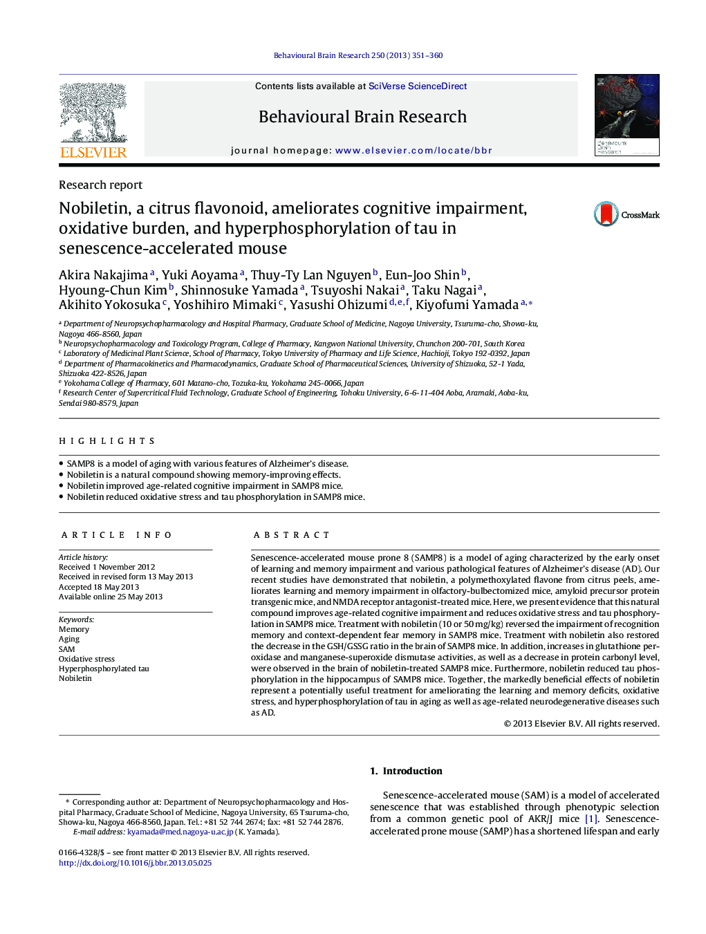 Research reportNobiletin, a citrus flavonoid, ameliorates cognitive impairment, oxidative burden, and hyperphosphorylation of tau in senescence-accelerated mouse