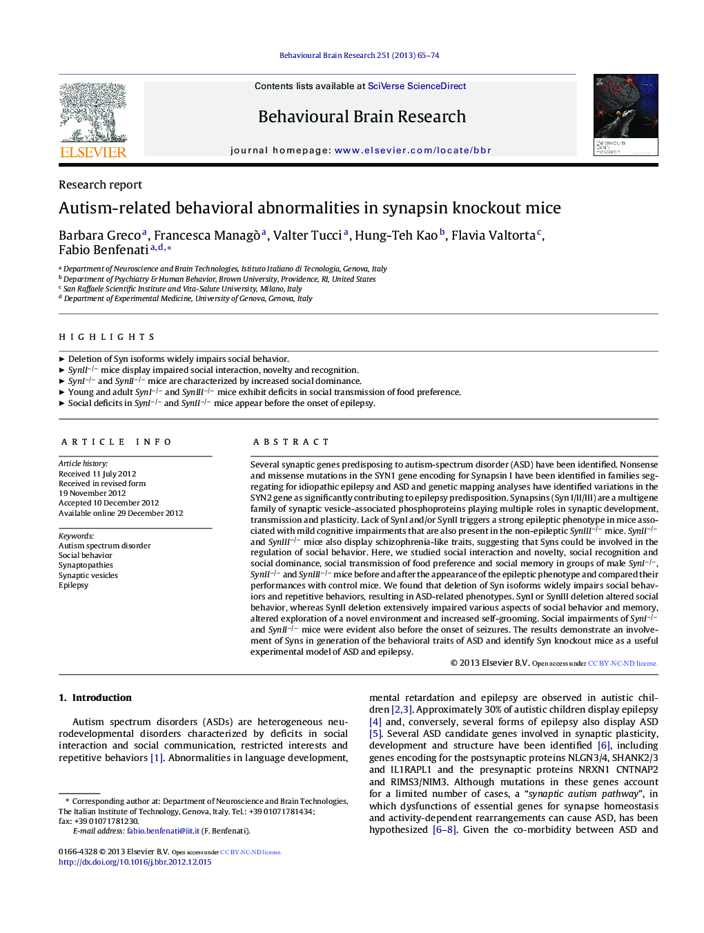 Autism-related behavioral abnormalities in synapsin knockout mice