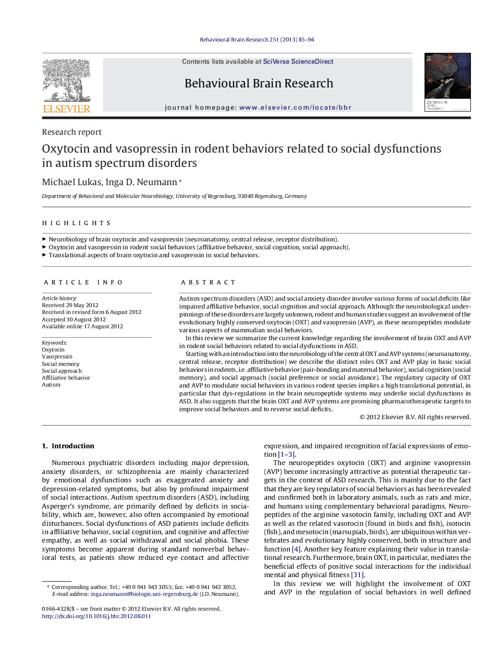 Research reportOxytocin and vasopressin in rodent behaviors related to social dysfunctions in autism spectrum disorders