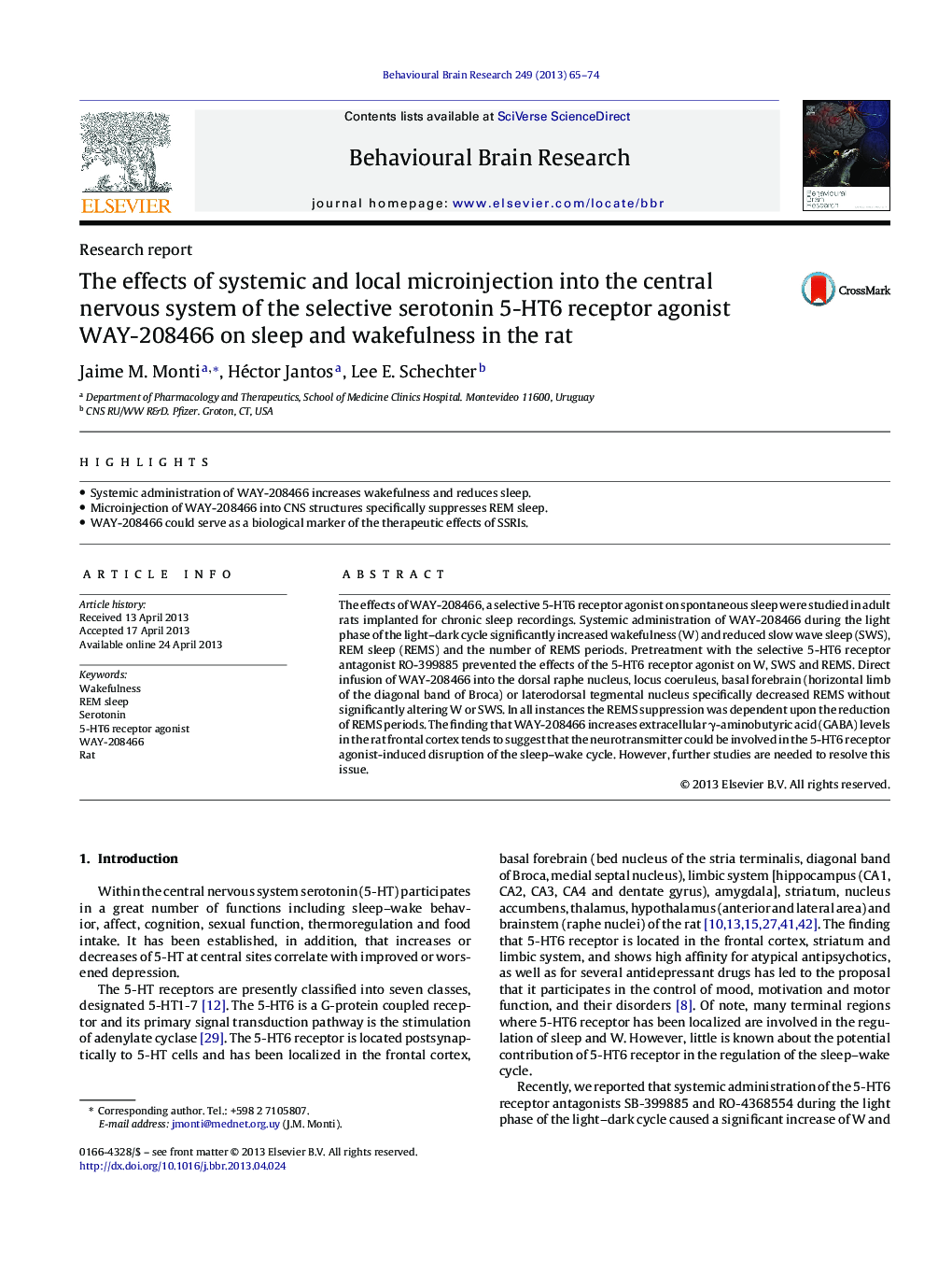 Research reportThe effects of systemic and local microinjection into the central nervous system of the selective serotonin 5-HT6 receptor agonist WAY-208466 on sleep and wakefulness in the rat