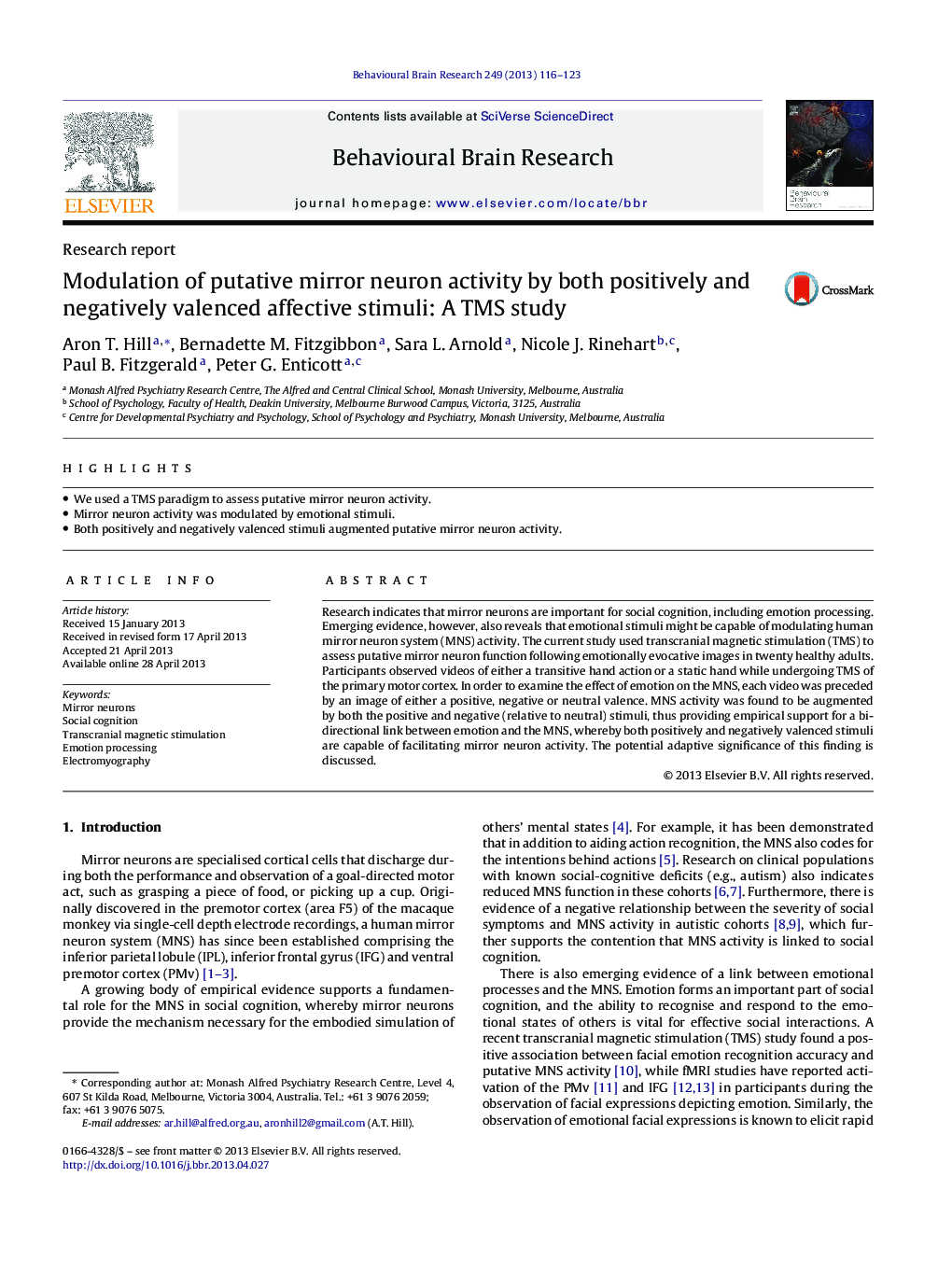 Research reportModulation of putative mirror neuron activity by both positively and negatively valenced affective stimuli: A TMS study