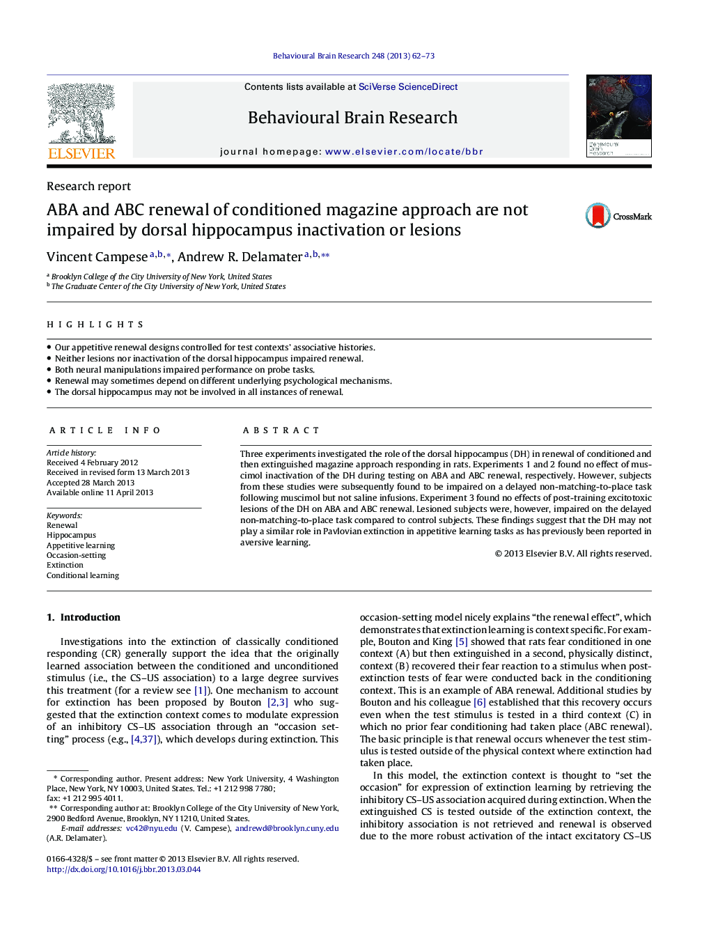 Research reportABA and ABC renewal of conditioned magazine approach are not impaired by dorsal hippocampus inactivation or lesions