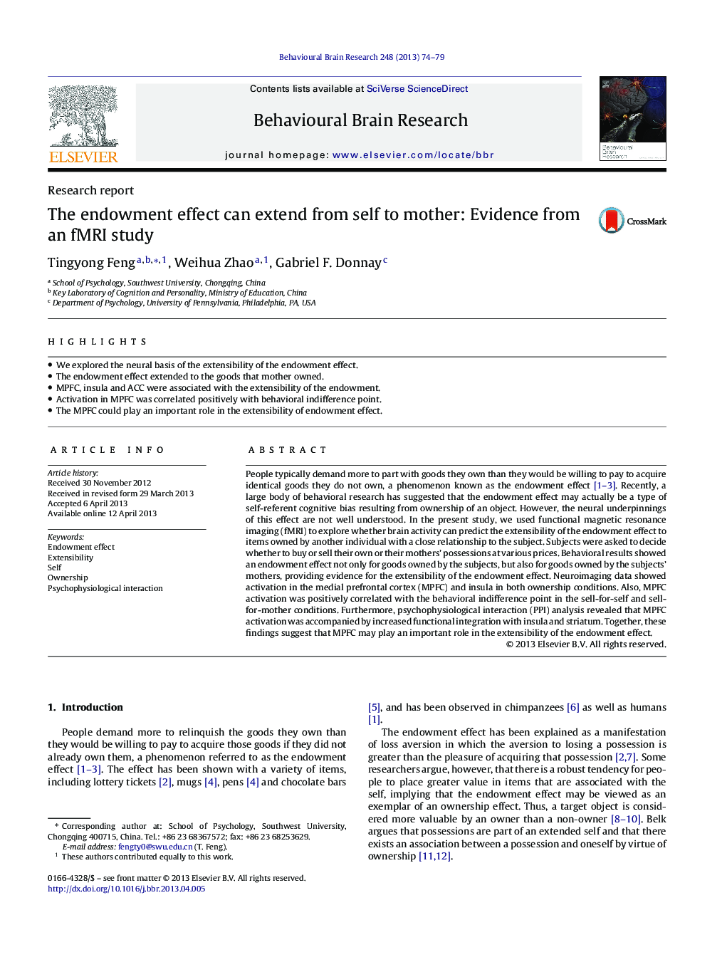 Research reportThe endowment effect can extend from self to mother: Evidence from an fMRI study