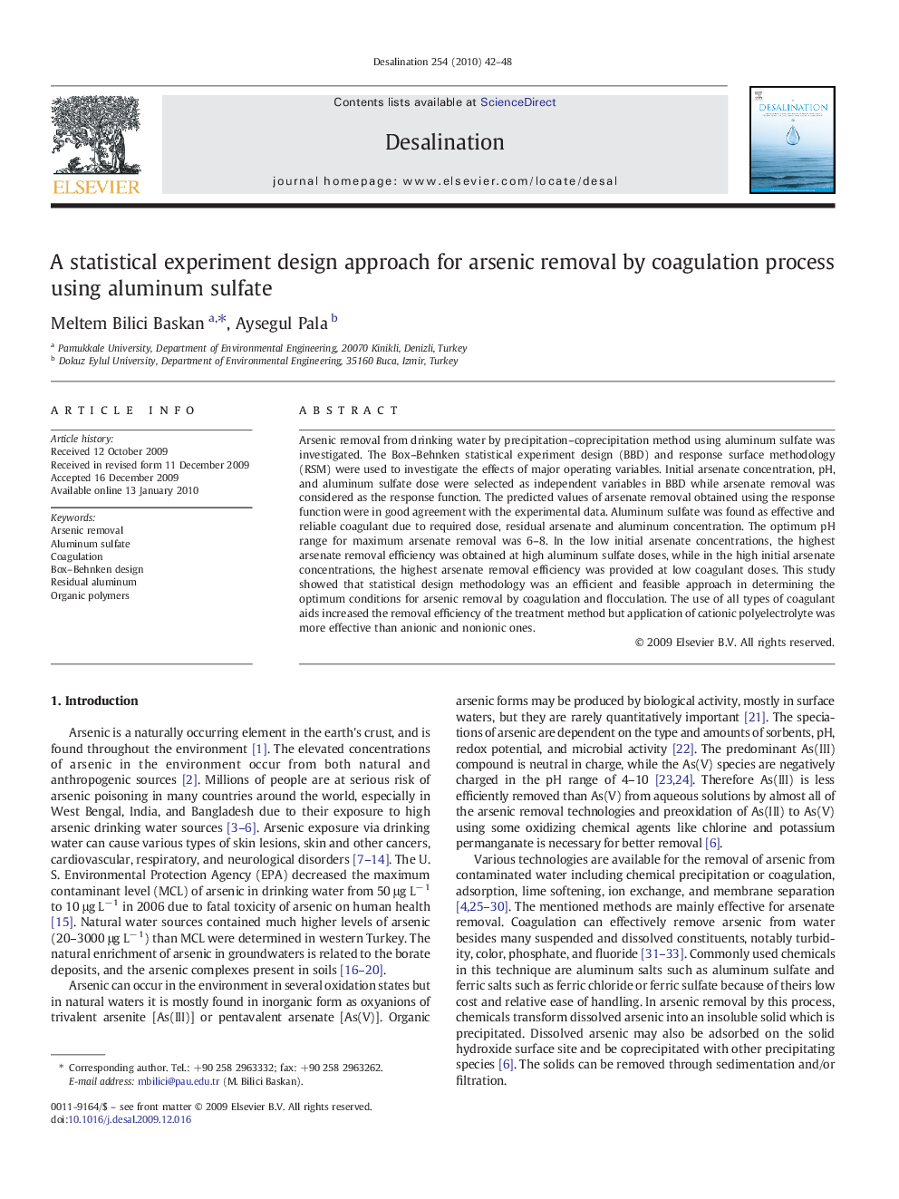 A statistical experiment design approach for arsenic removal by coagulation process using aluminum sulfate