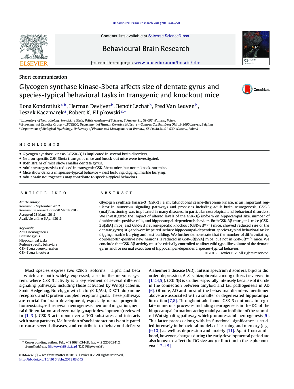 Glycogen synthase kinase-3beta affects size of dentate gyrus and species-typical behavioral tasks in transgenic and knockout mice