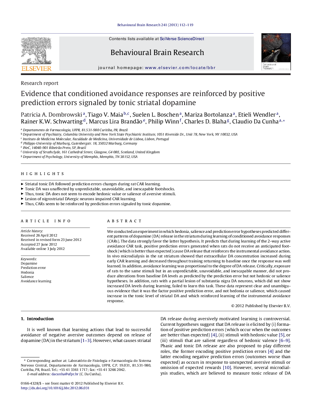 Research reportEvidence that conditioned avoidance responses are reinforced by positive prediction errors signaled by tonic striatal dopamine