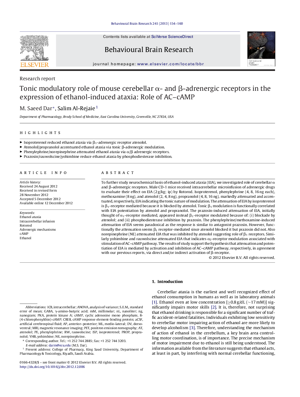 Research reportTonic modulatory role of mouse cerebellar Î±- and Î²-adrenergic receptors in the expression of ethanol-induced ataxia: Role of AC-cAMP