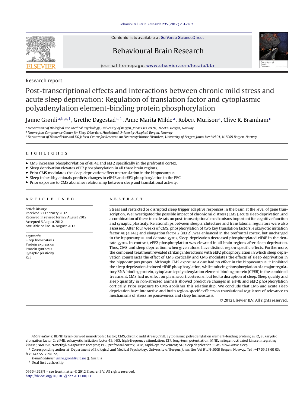 Research reportPost-transcriptional effects and interactions between chronic mild stress and acute sleep deprivation: Regulation of translation factor and cytoplasmic polyadenylation element-binding protein phosphorylation