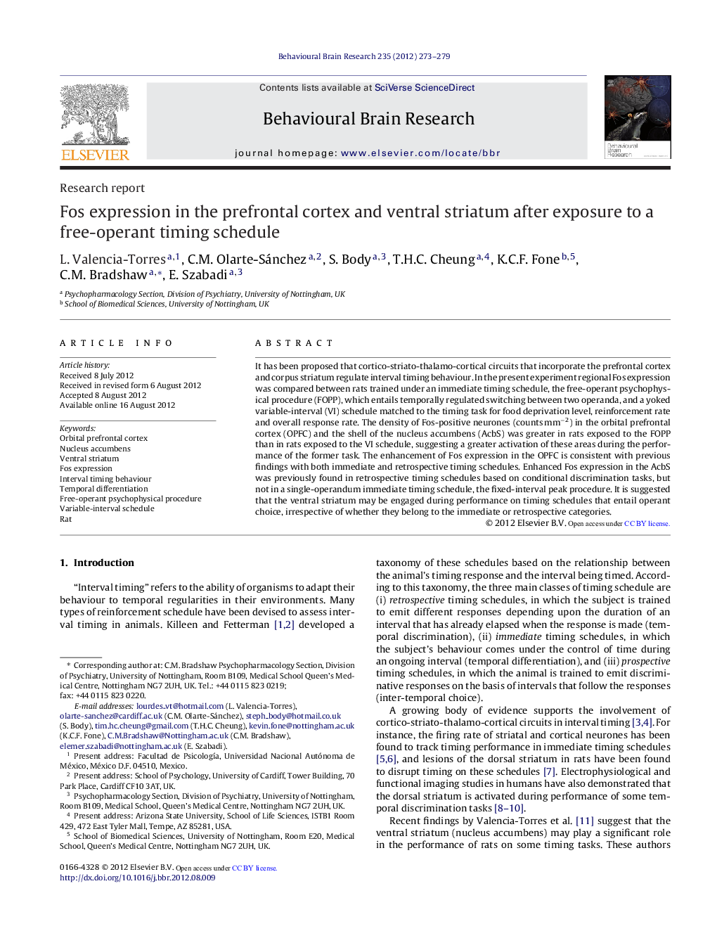 Research reportFos expression in the prefrontal cortex and ventral striatum after exposure to a free-operant timing schedule