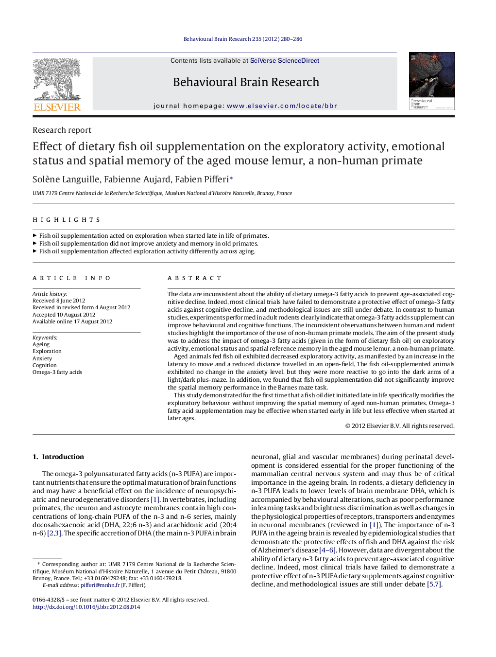 Effect of dietary fish oil supplementation on the exploratory activity, emotional status and spatial memory of the aged mouse lemur, a non-human primate