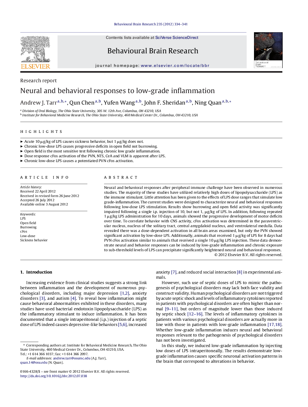 Research reportNeural and behavioral responses to low-grade inflammation