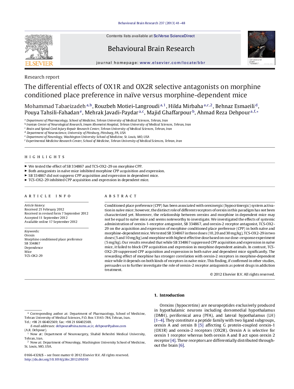 Research reportThe differential effects of OX1R and OX2R selective antagonists on morphine conditioned place preference in naïve versus morphine-dependent mice