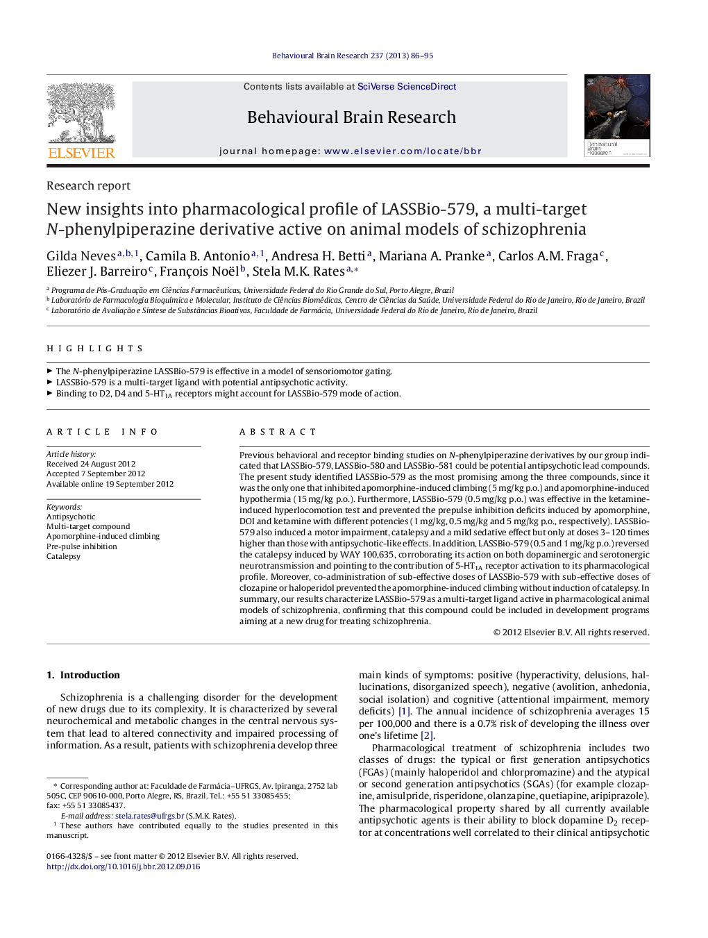 Research reportNew insights into pharmacological profile of LASSBio-579, a multi-target N-phenylpiperazine derivative active on animal models of schizophrenia