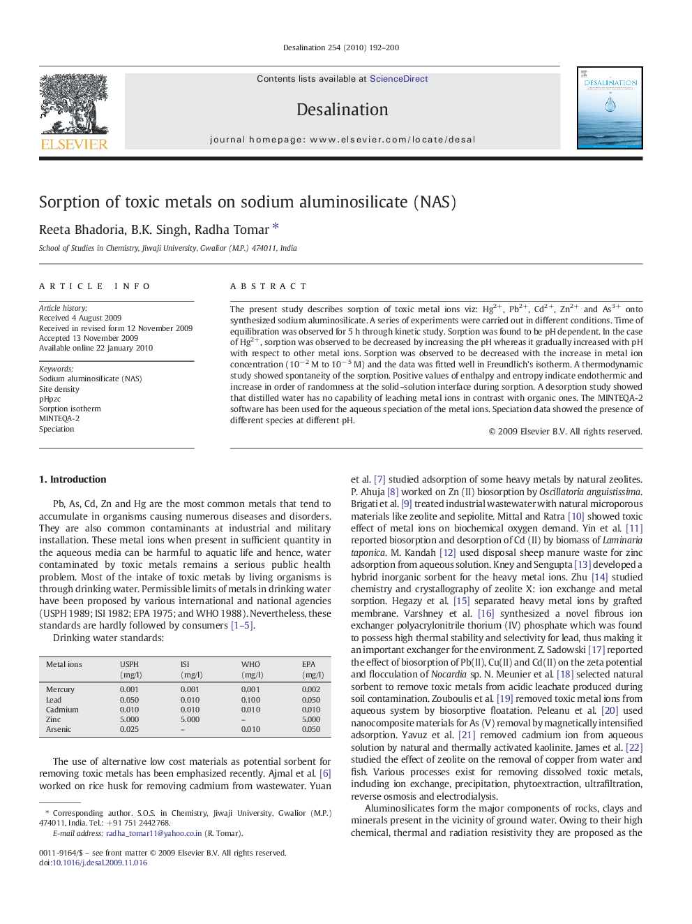 عکس صفحه اول مقاله: Sorption of toxic metals on sodium aluminosilicate (NAS) Sorption of toxic metals on sodium aluminosilicate (NAS)