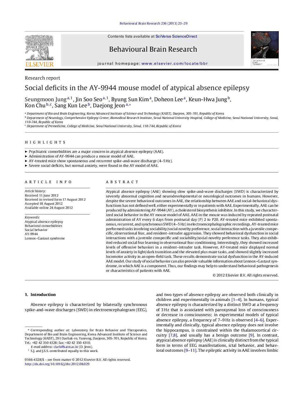 Research reportSocial deficits in the AY-9944 mouse model of atypical absence epilepsy