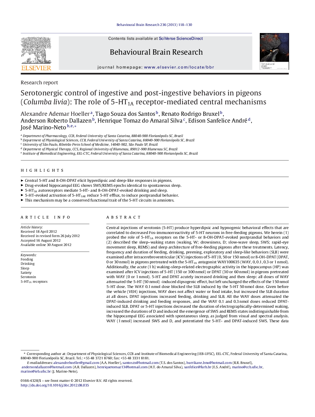 Research reportSerotonergic control of ingestive and post-ingestive behaviors in pigeons (Columba livia): The role of 5-HT1A receptor-mediated central mechanisms