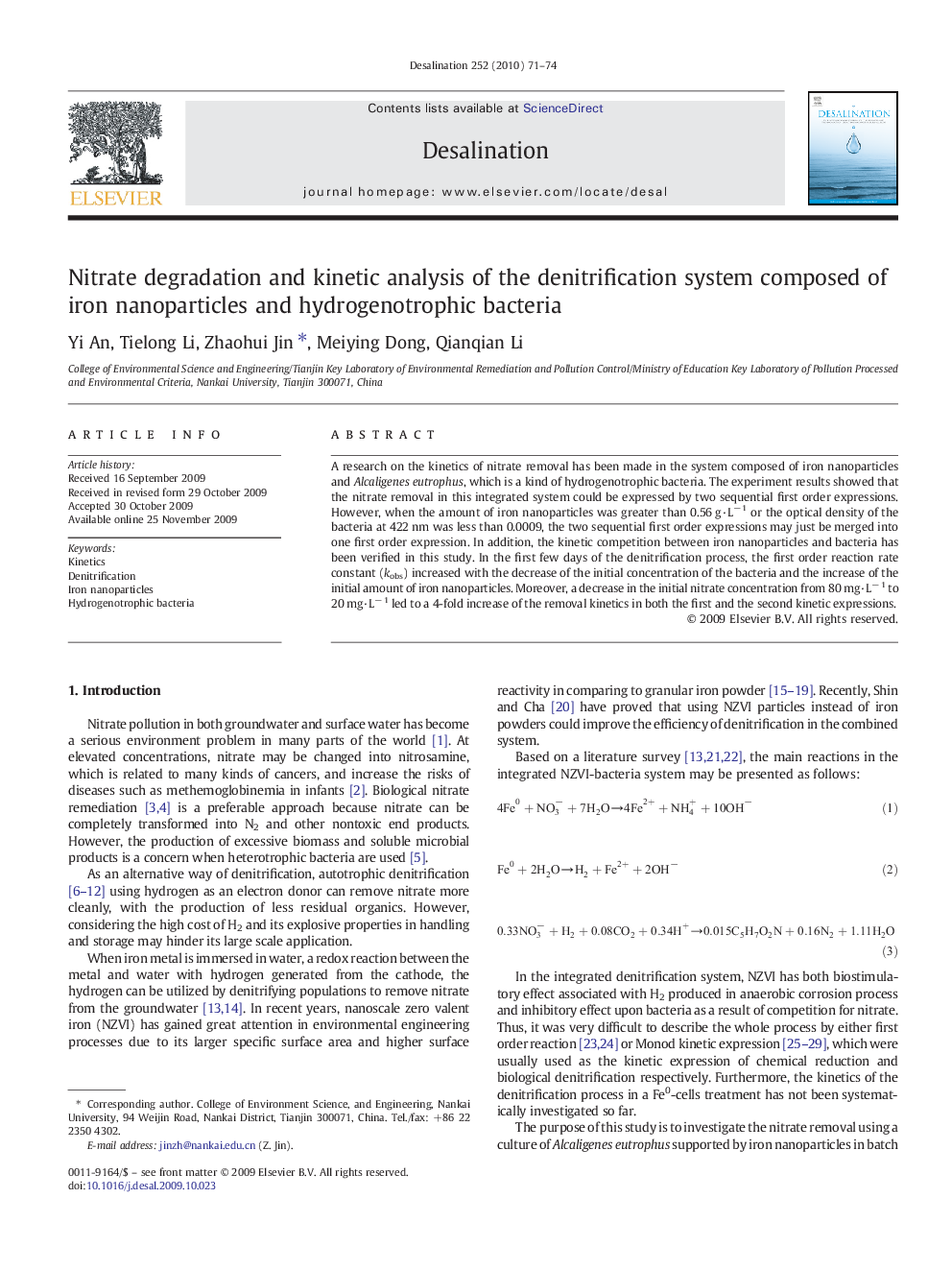 Nitrate degradation and kinetic analysis of the denitrification system composed of iron nanoparticles and hydrogenotrophic bacteria