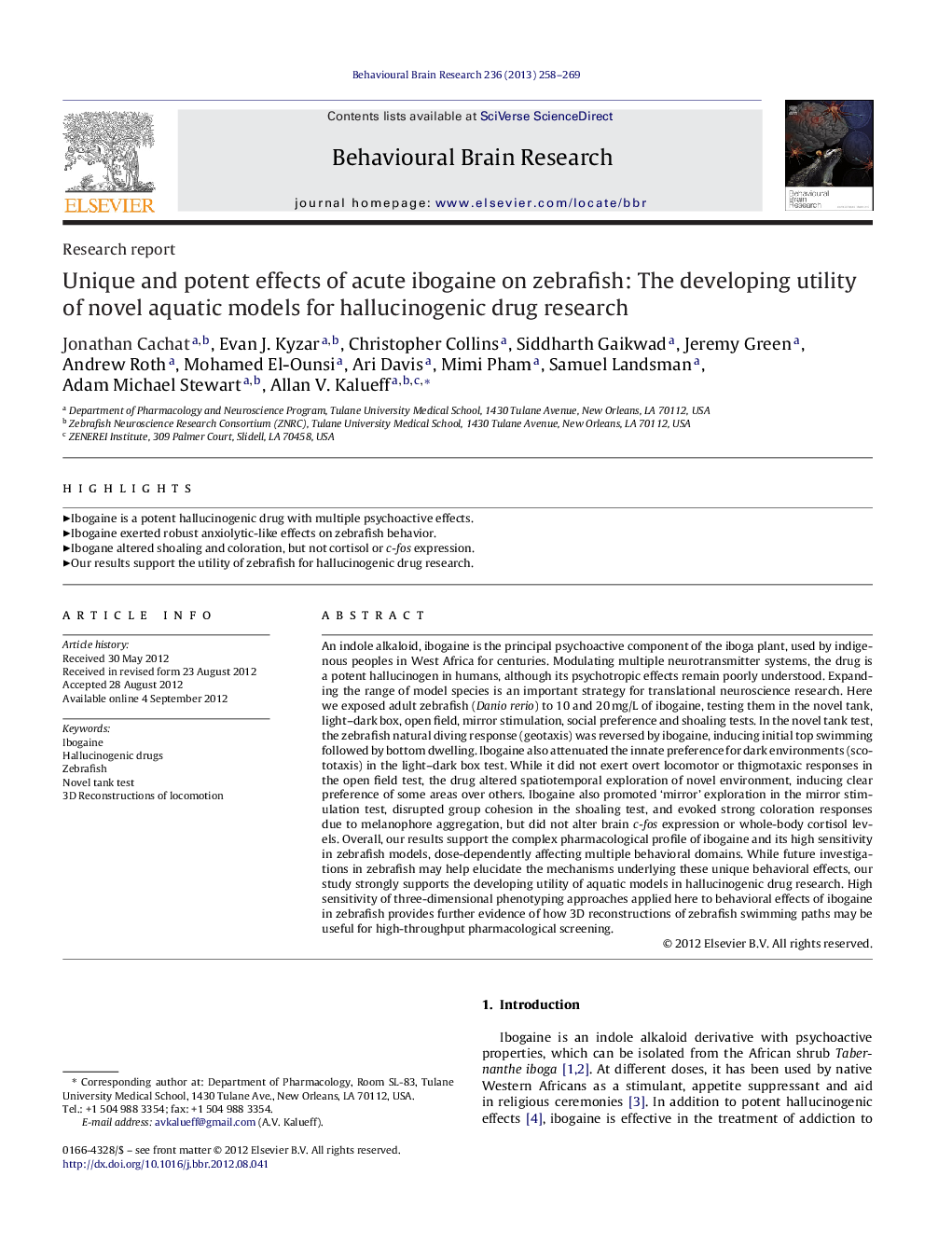 Research reportUnique and potent effects of acute ibogaine on zebrafish: The developing utility of novel aquatic models for hallucinogenic drug research