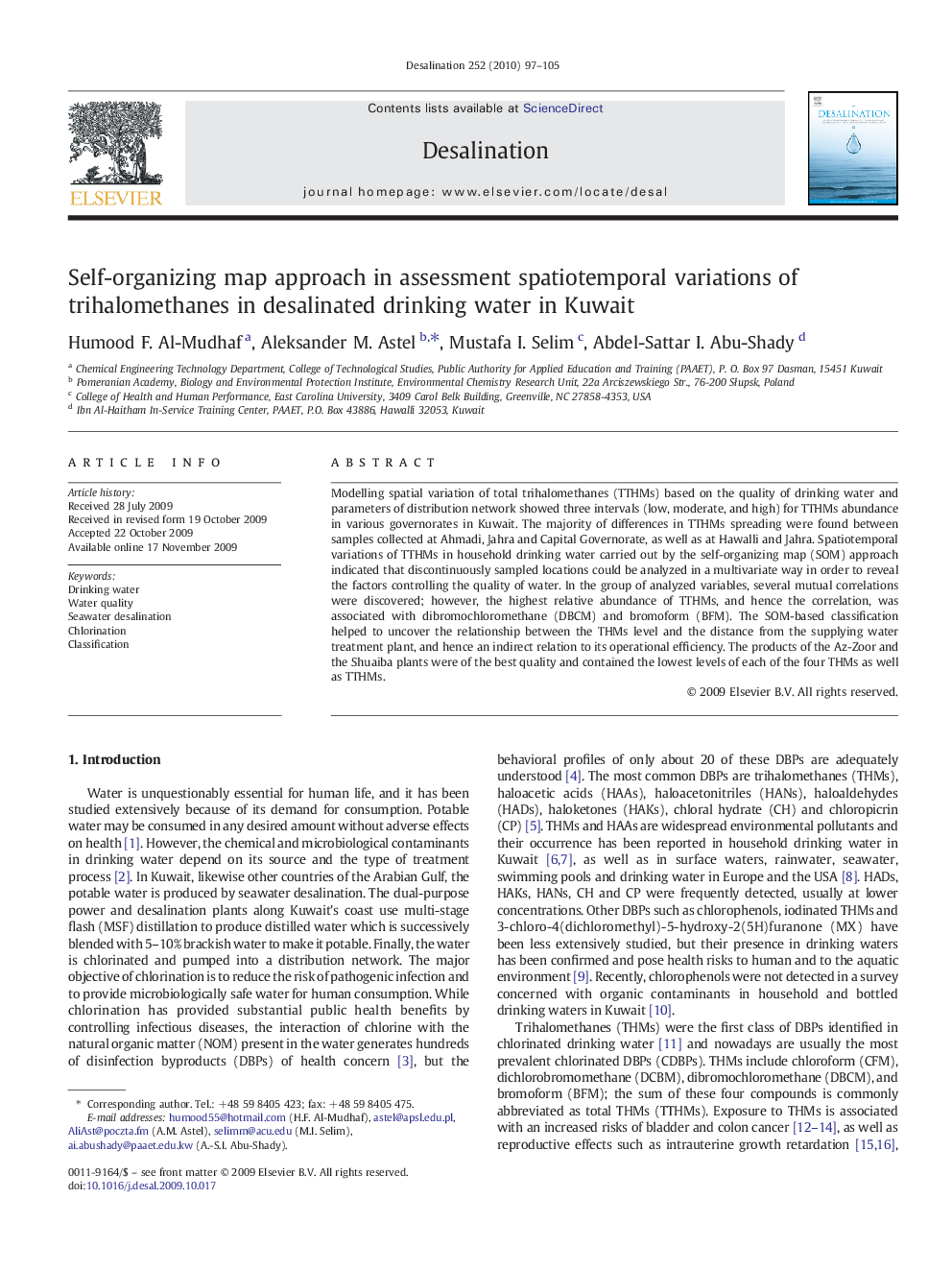 Self-organizing map approach in assessment spatiotemporal variations of trihalomethanes in desalinated drinking water in Kuwait