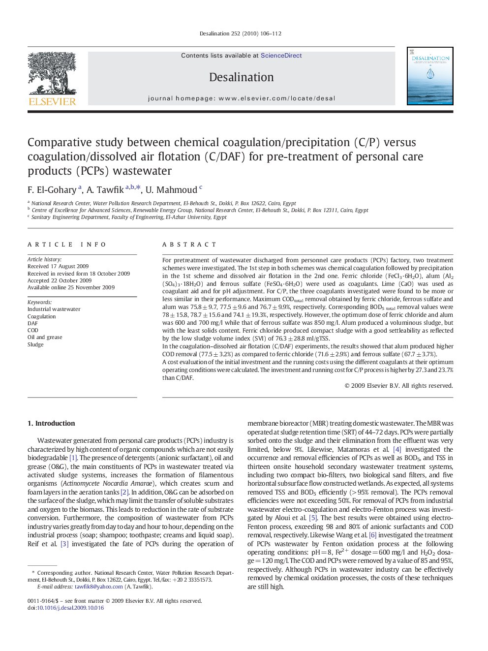 Comparative study between chemical coagulation/precipitation (C/P) versus coagulation/dissolved air flotation (C/DAF) for pre-treatment of personal care products (PCPs) wastewater