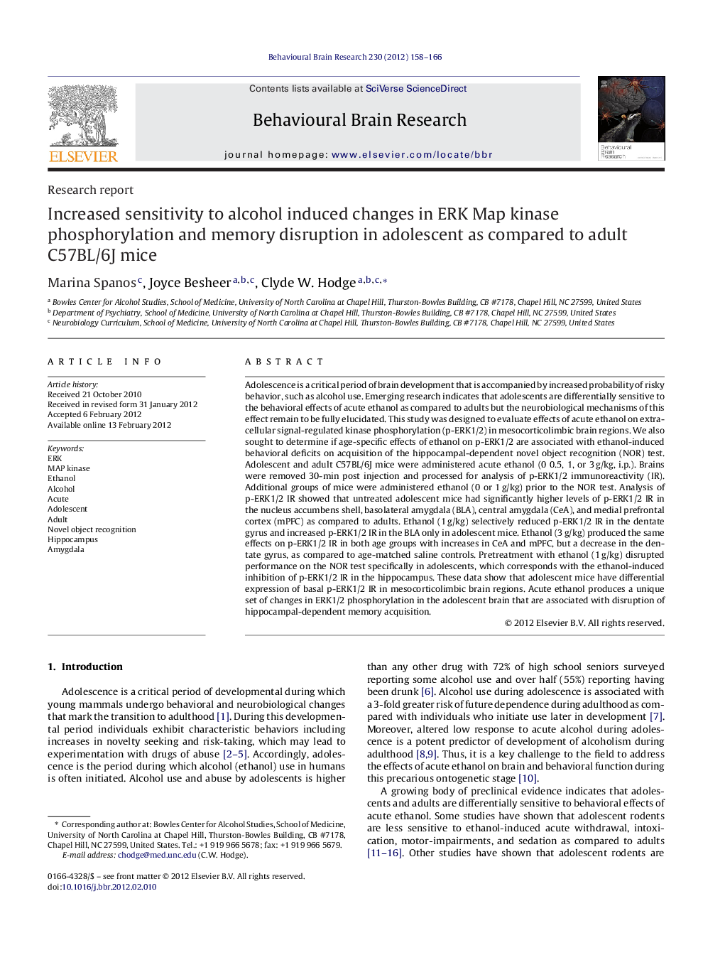 Research reportIncreased sensitivity to alcohol induced changes in ERK Map kinase phosphorylation and memory disruption in adolescent as compared to adult C57BL/6J mice