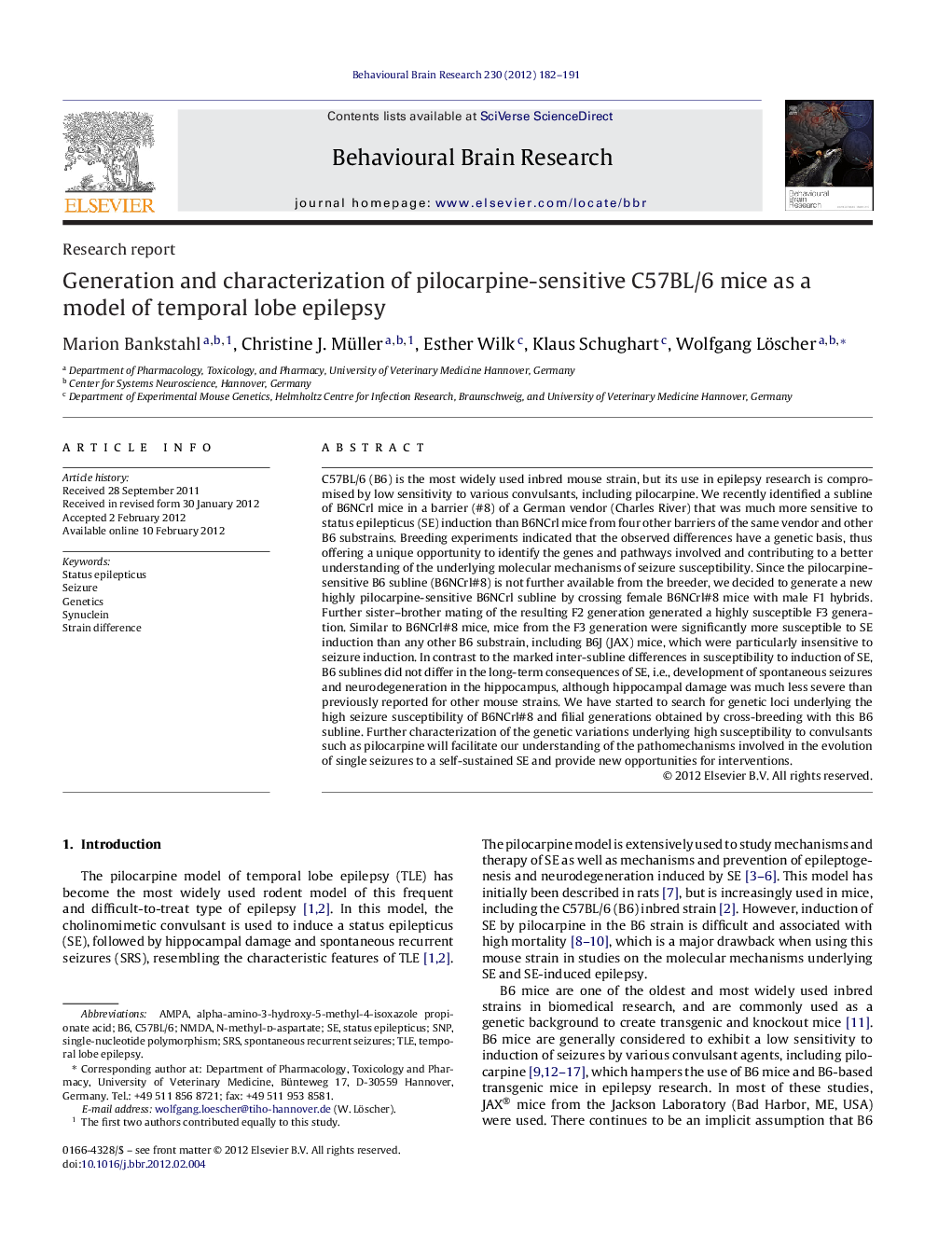 Research reportGeneration and characterization of pilocarpine-sensitive C57BL/6 mice as a model of temporal lobe epilepsy