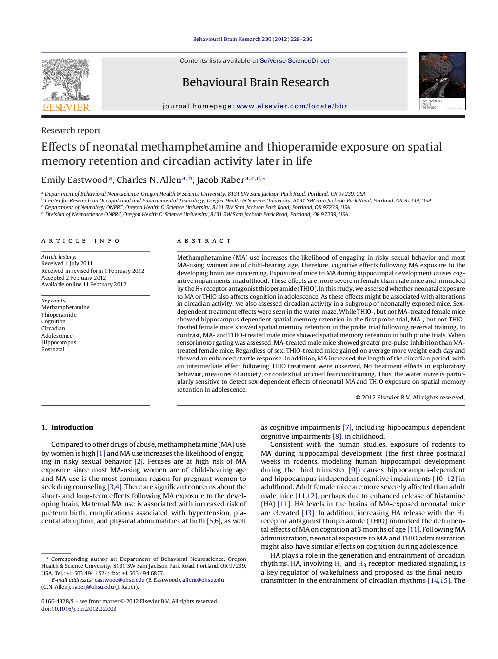 Research reportEffects of neonatal methamphetamine and thioperamide exposure on spatial memory retention and circadian activity later in life