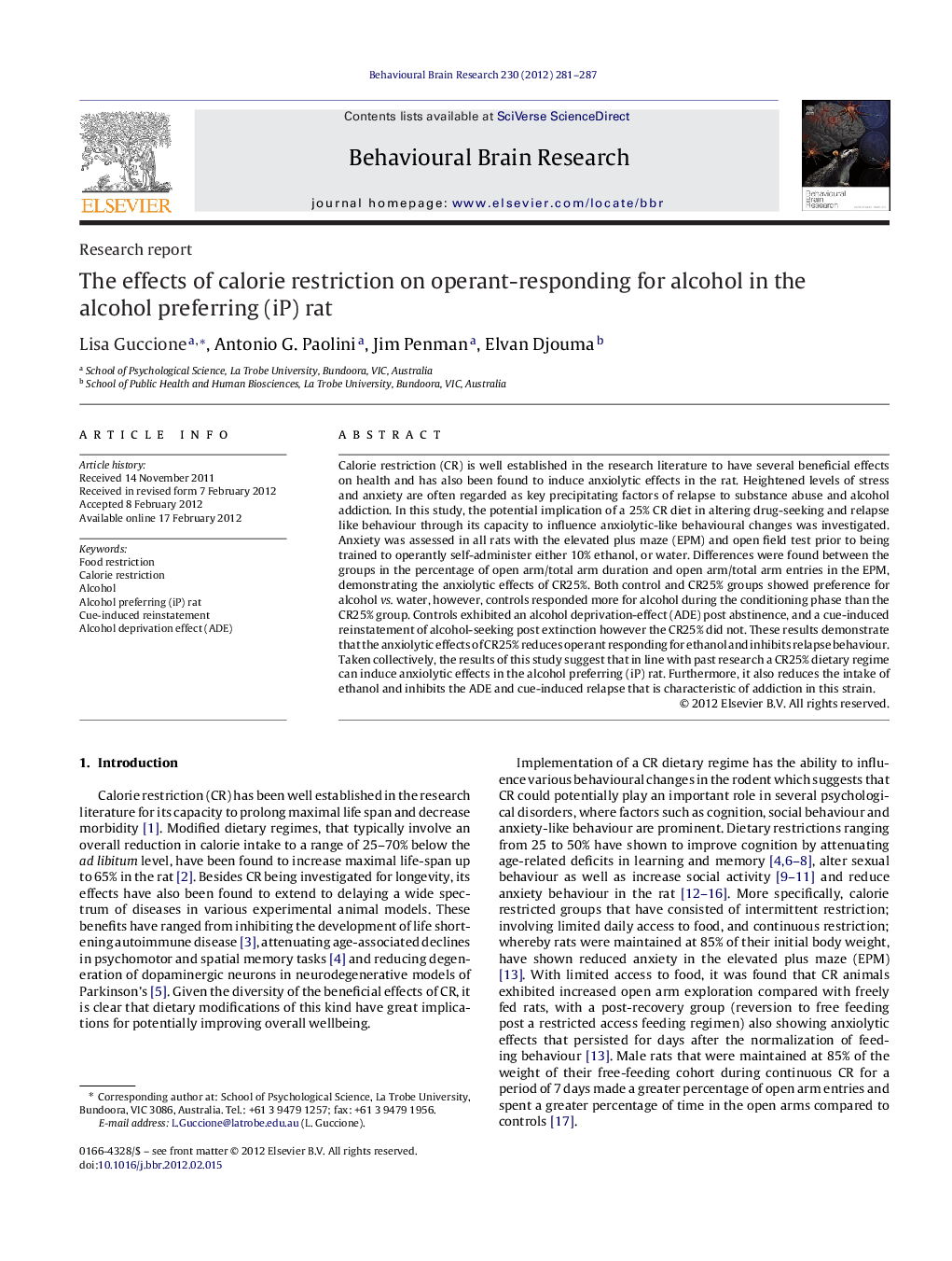 Research reportThe effects of calorie restriction on operant-responding for alcohol in the alcohol preferring (iP) rat