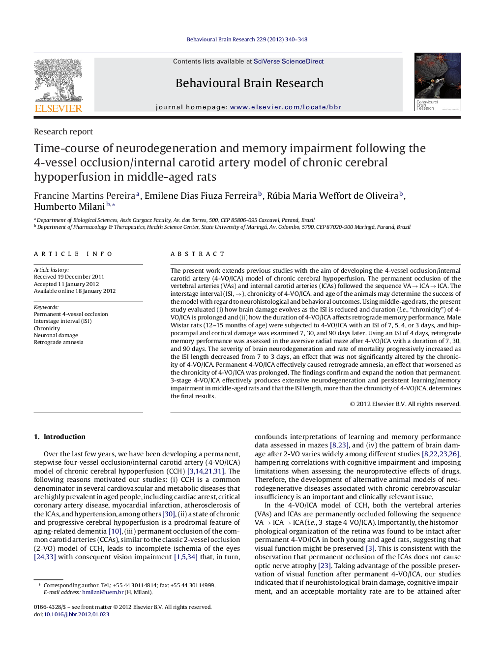 Research reportTime-course of neurodegeneration and memory impairment following the 4-vessel occlusion/internal carotid artery model of chronic cerebral hypoperfusion in middle-aged rats