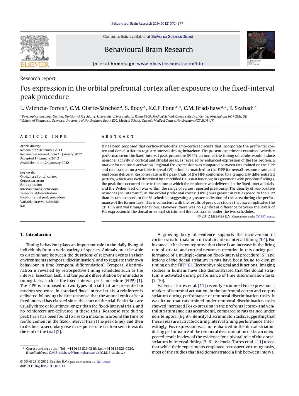 Research reportFos expression in the orbital prefrontal cortex after exposure to the fixed-interval peak procedure