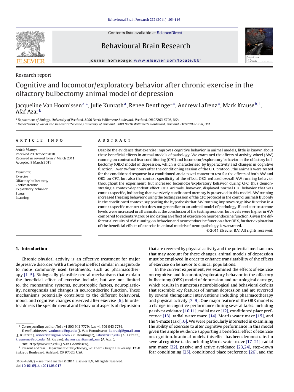 Research reportCognitive and locomotor/exploratory behavior after chronic exercise in the olfactory bulbectomy animal model of depression