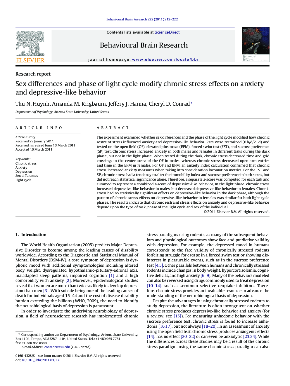 Research reportSex differences and phase of light cycle modify chronic stress effects on anxiety and depressive-like behavior