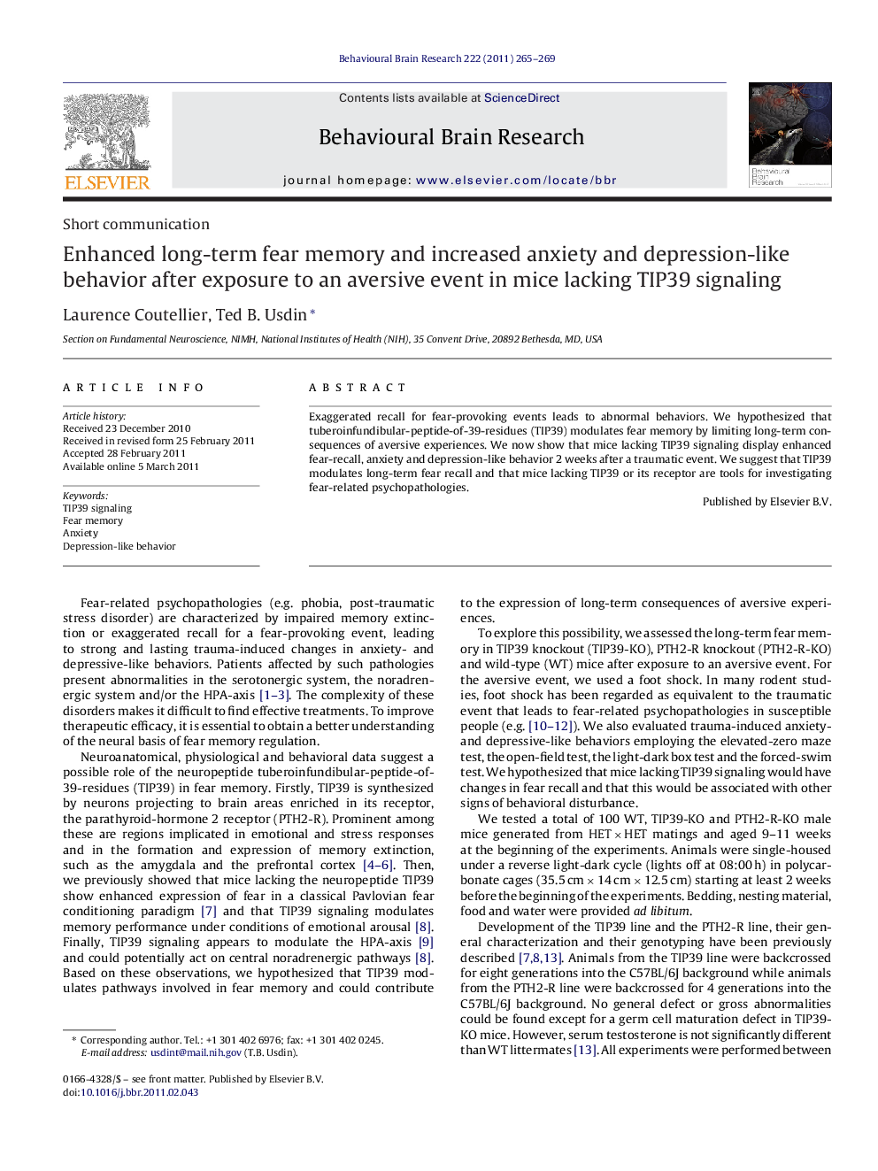 Short communicationEnhanced long-term fear memory and increased anxiety and depression-like behavior after exposure to an aversive event in mice lacking TIP39 signaling