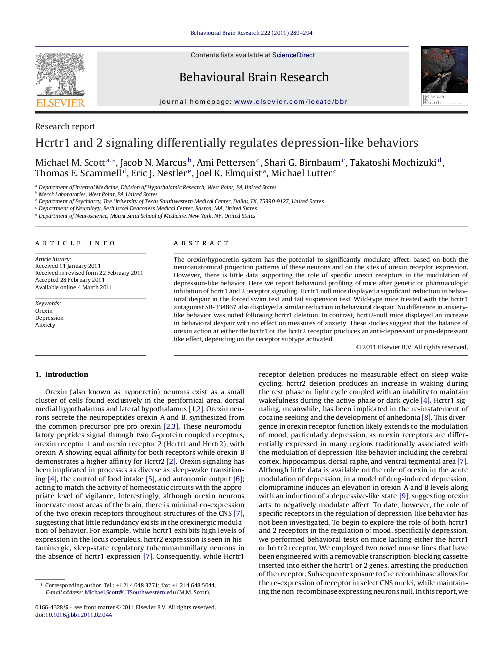 Hcrtr1 and 2 signaling differentially regulates depression-like behaviors