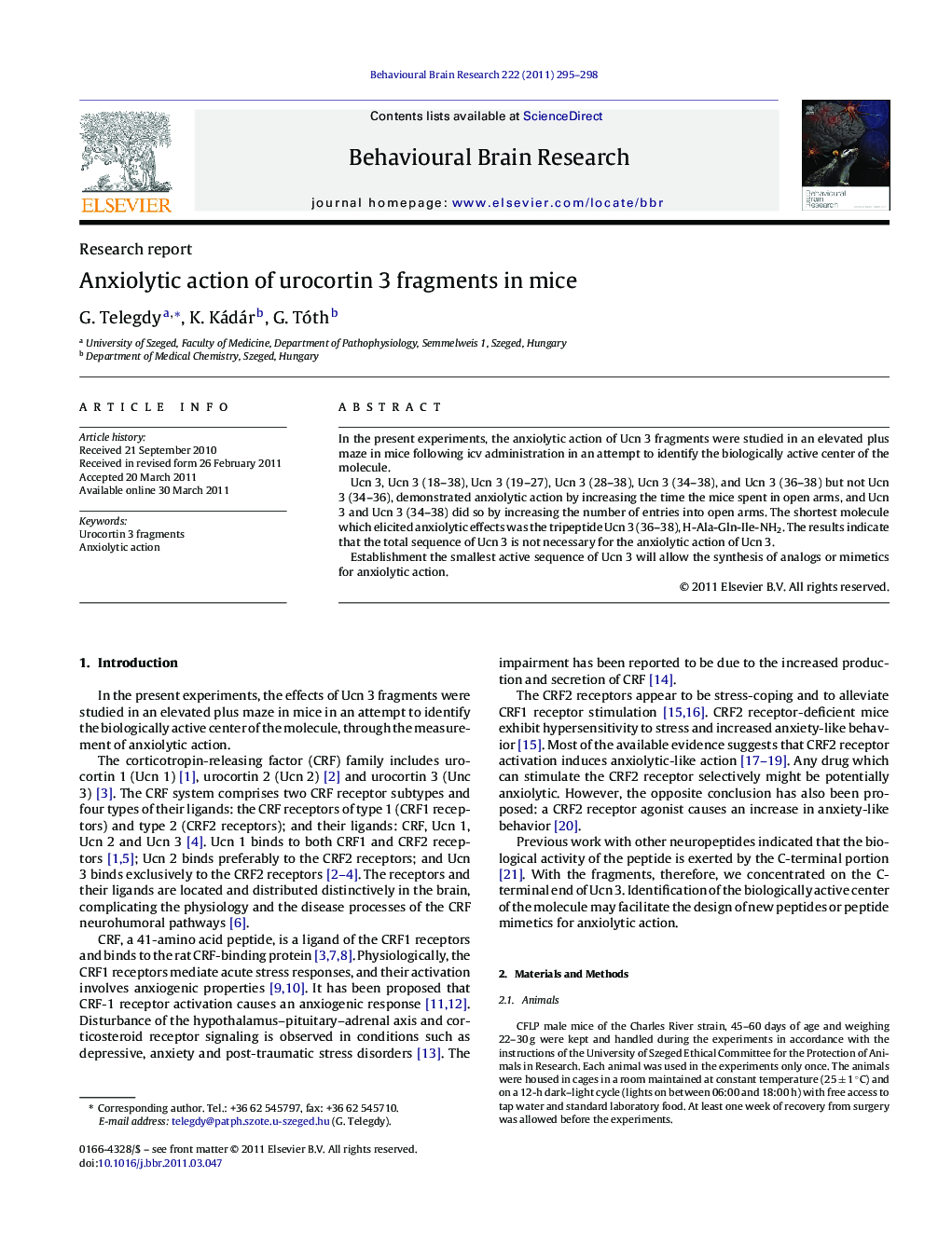 Research reportAnxiolytic action of urocortin 3 fragments in mice