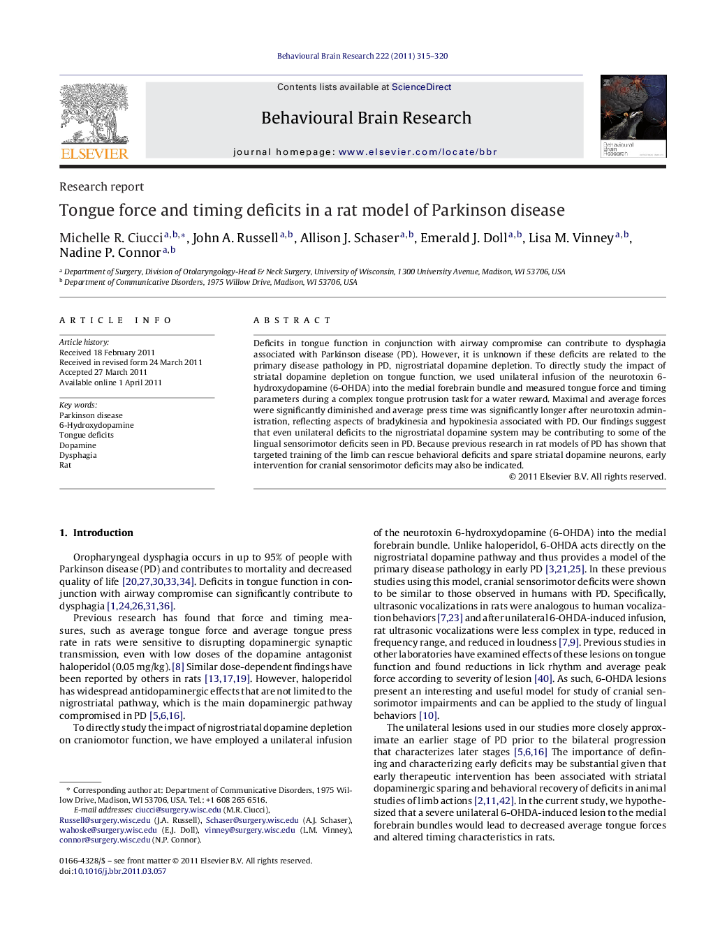 Research reportTongue force and timing deficits in a rat model of Parkinson disease