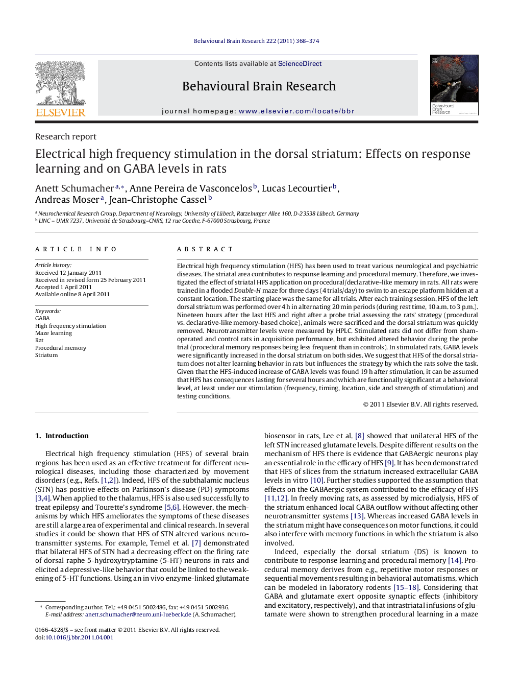 Research reportElectrical high frequency stimulation in the dorsal striatum: Effects on response learning and on GABA levels in rats